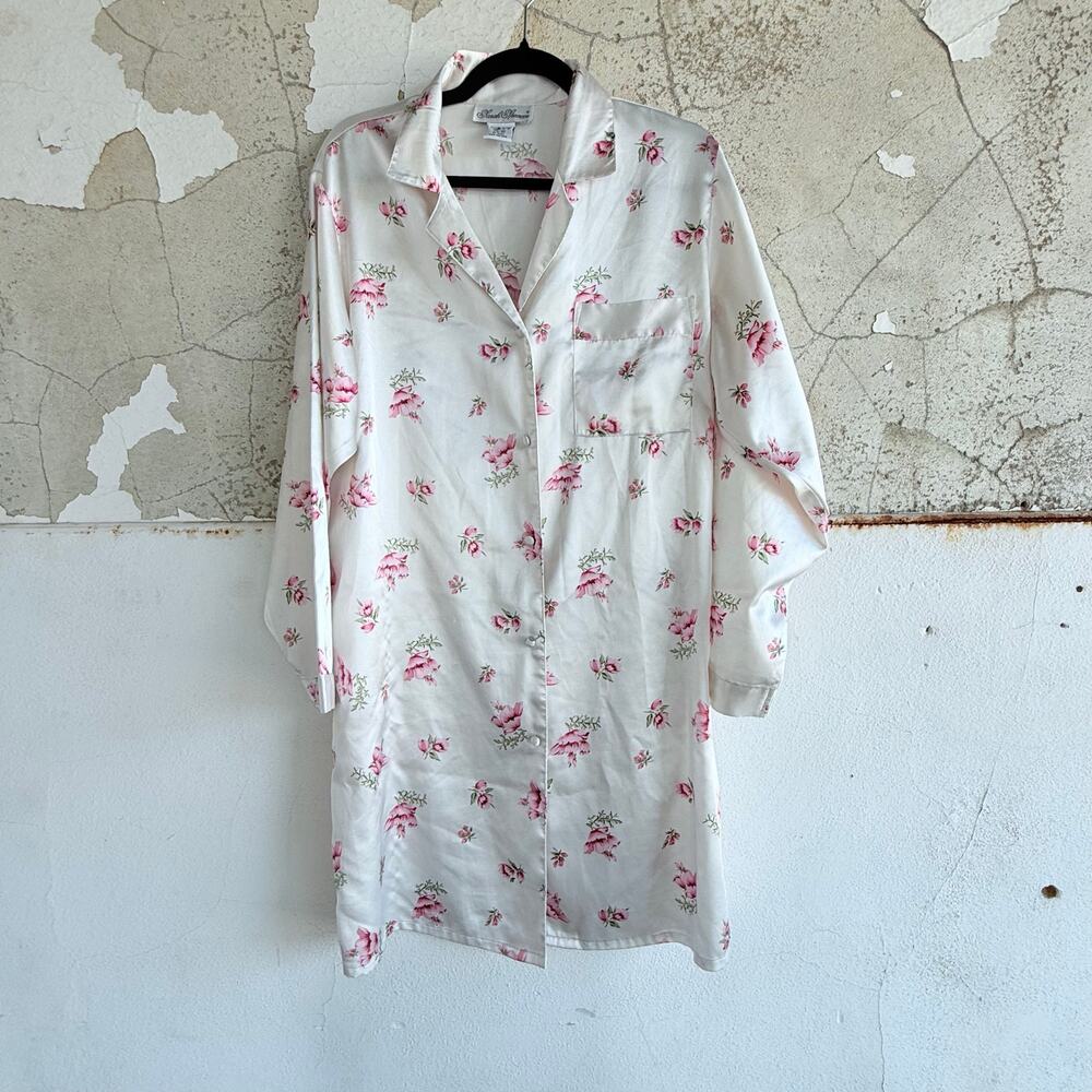 Vintage Satin Nightgown Silky Floral Long Sleeve Nightie Dress Sarah Spencer Med